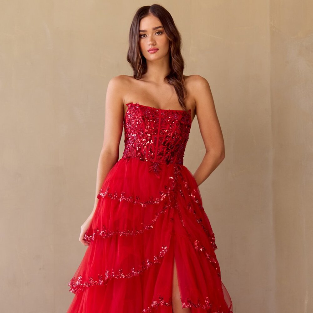 NEW LONG FORMAL STRAPLESS PROM DRESS W/ SCOOP NECK & SEQUINS EMBROIDERY AC 4033